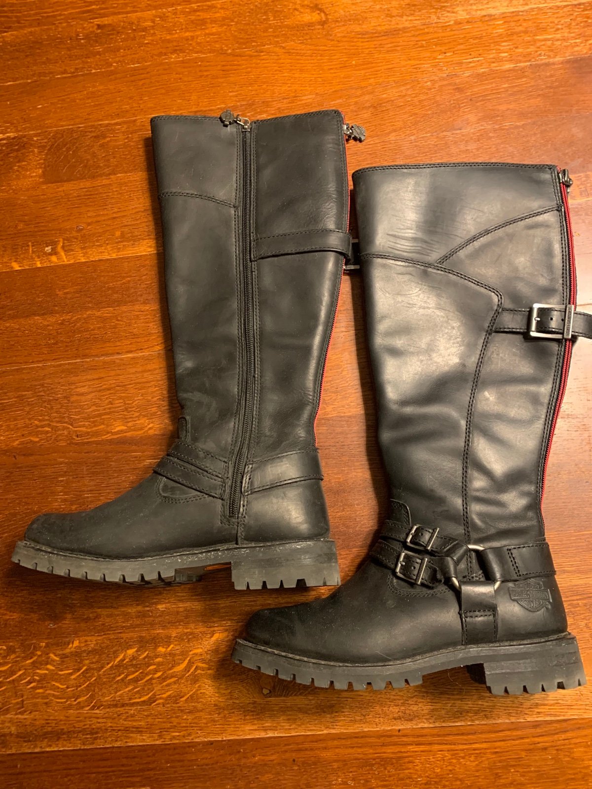 Harley Davidson Leather Low Heel High Boot Sz 7.5 Double Buckle In Original Box