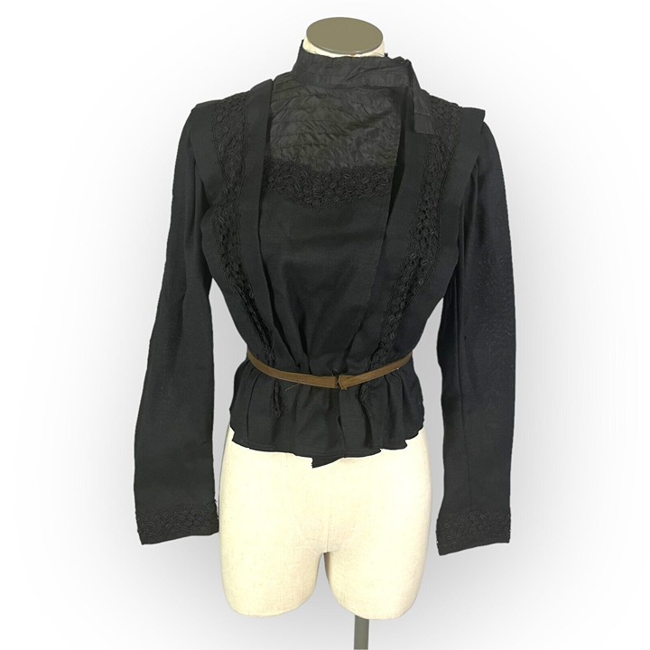 1800s Victorian Linen & Silk Mourning Top Long Sleeve Black XXS