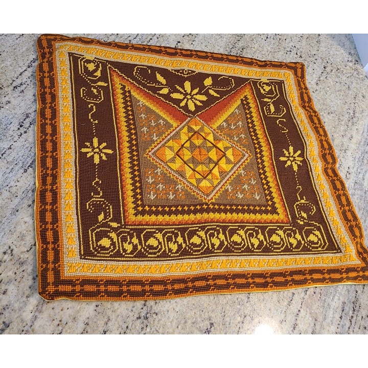 Vintage Orange Brown Embroidered Pillow Cover 14x16 MCM Boho Southwestern STAIN