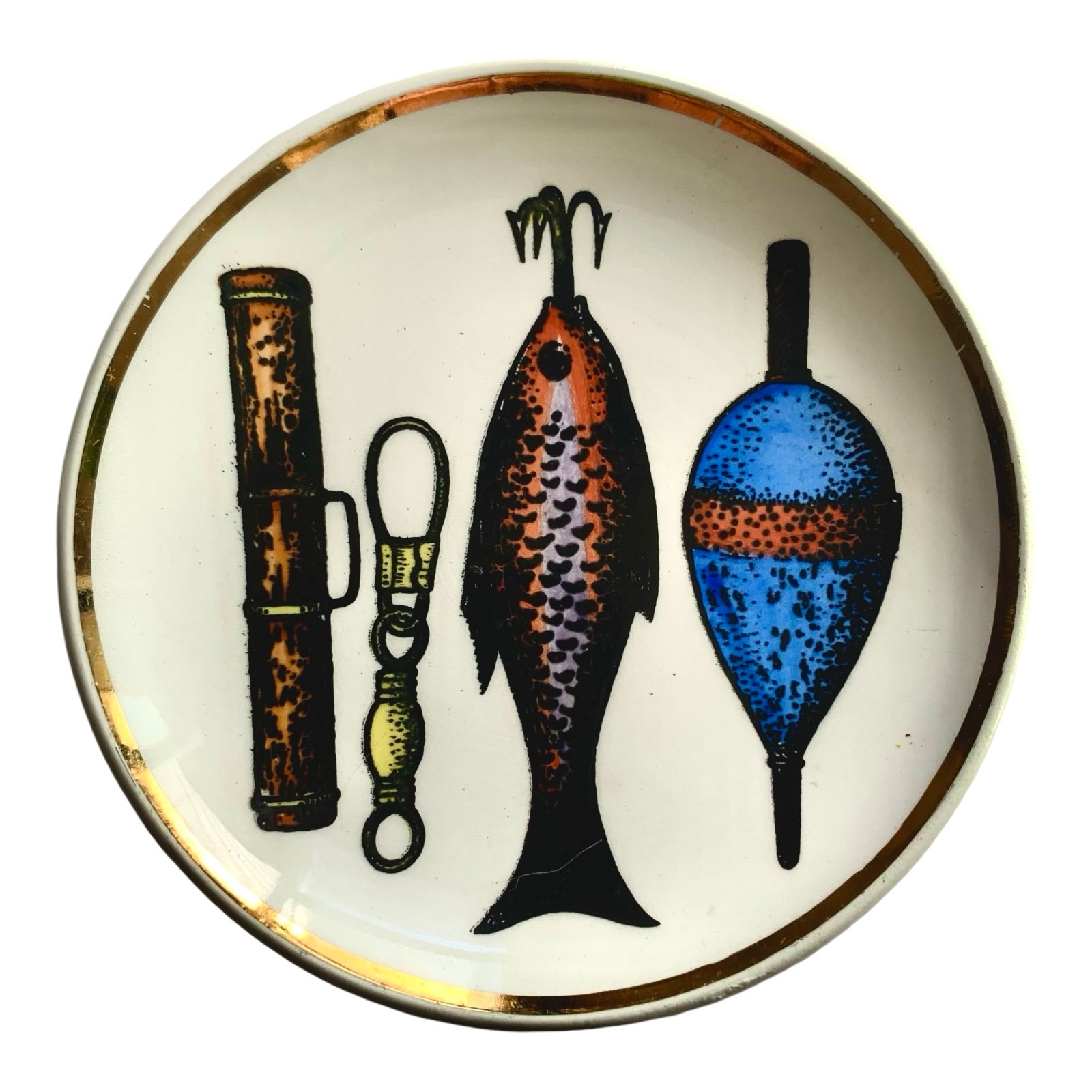 Fornasetti for Rosenfeld Ceramic Coaster Sportsman fishing HTF Replacement Italy