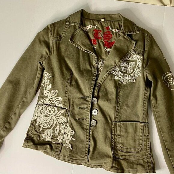 Y2K Love Stitch Olive Jacket with White Embroidered Stitching Design