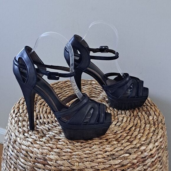Marni Womens Metallic Black Leather Open Toe Platform Heels Navy Suede Trim 8.5