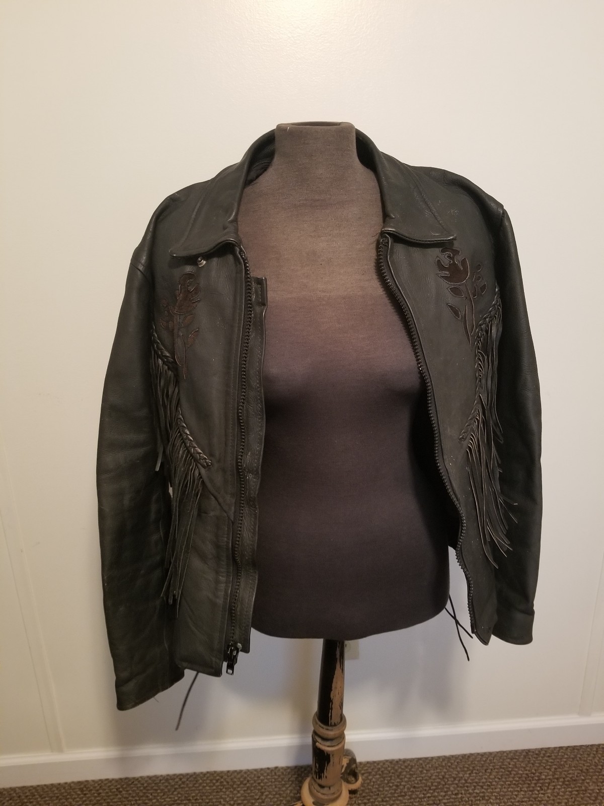 Vintage Womens Leather Jacket Tassels Roses