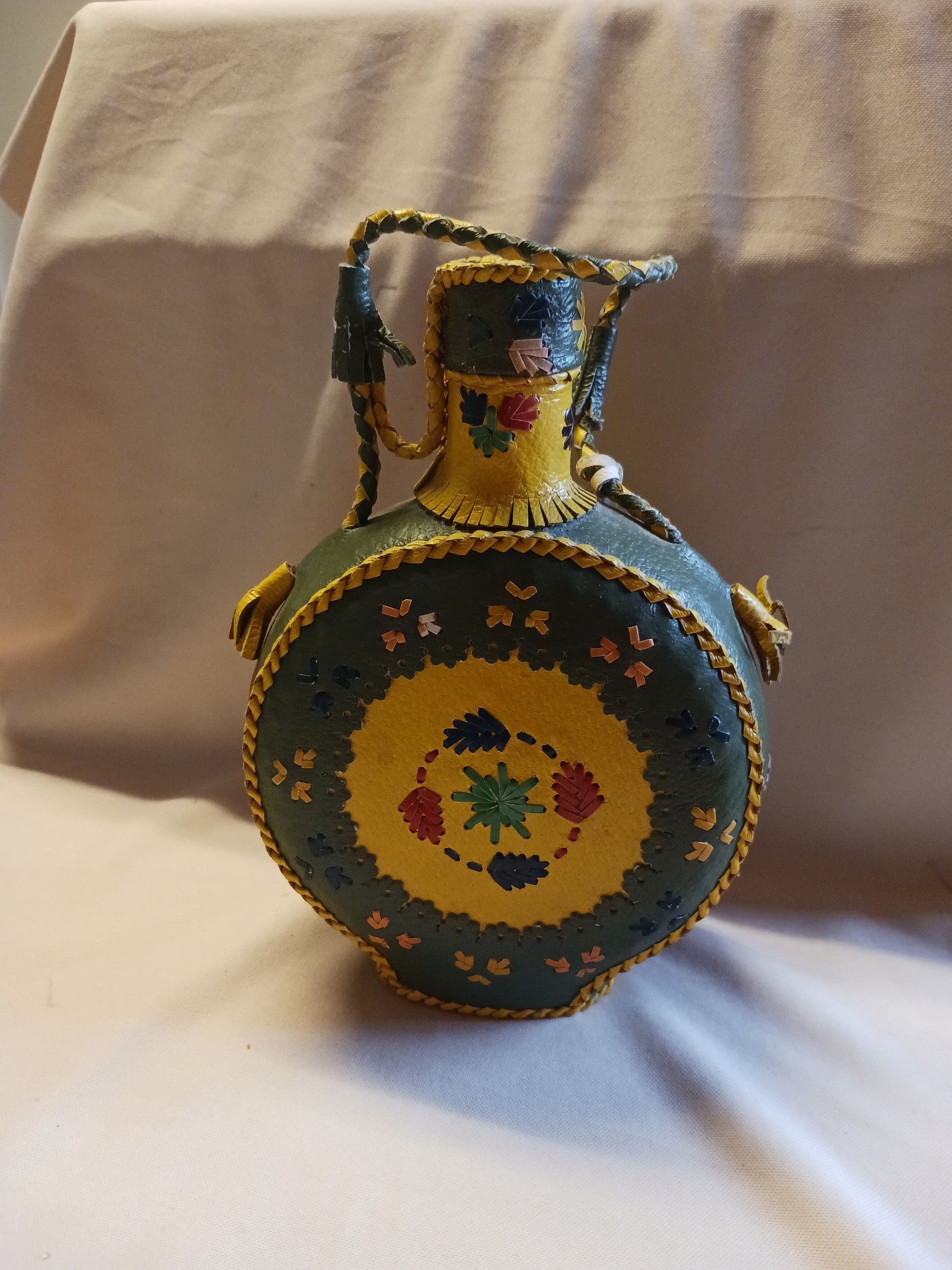 Vintage Yugoslavian Pigskin Leather over Glass Flask w/Braided Strap