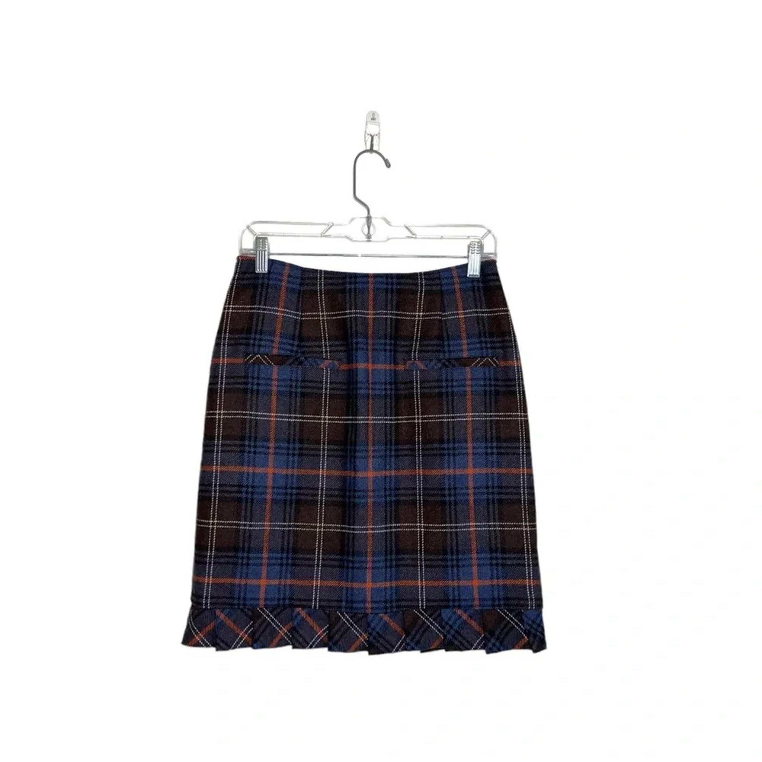 CAbi Brown & Navy Blue Heritage Plaid Ruffle Hem Wool Pencil Skirt 6 Women’s