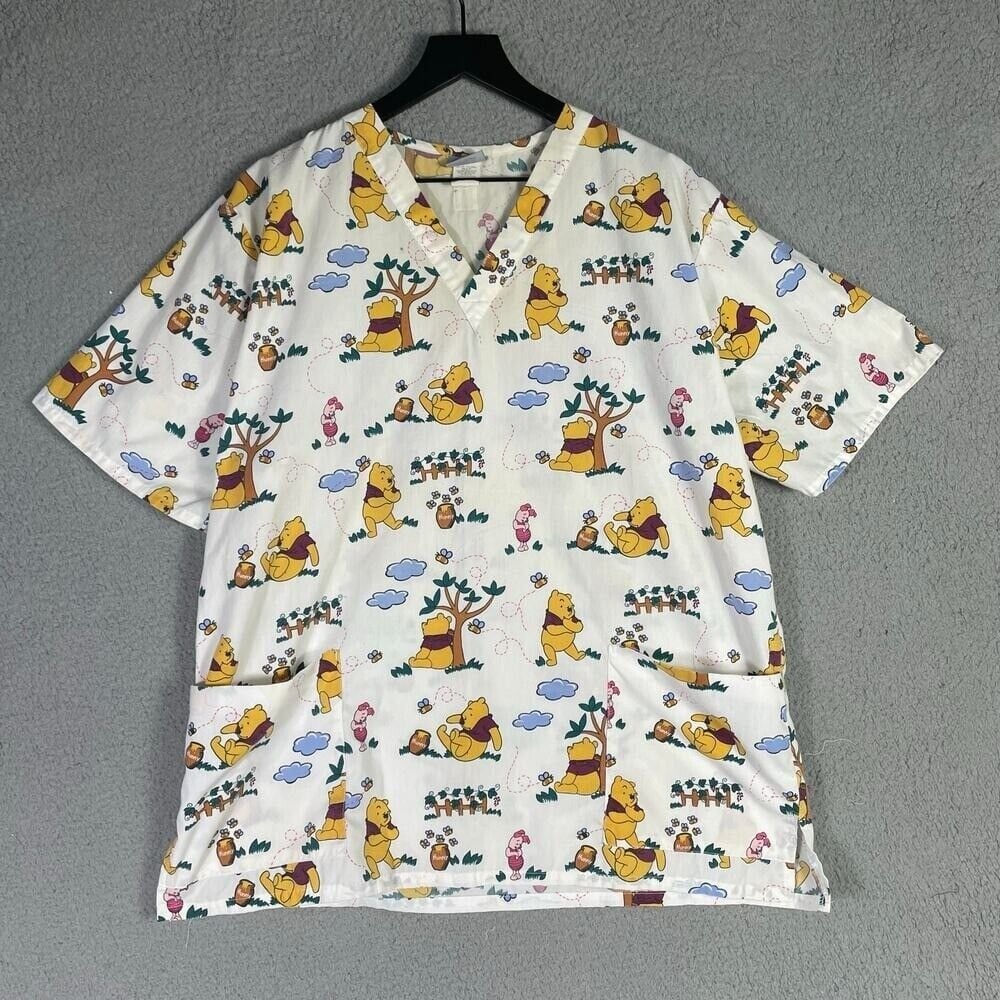 Disney Winnie the Pooh Scrub Top Vintage Medical Uniform V-Neck Cartoon Print L
