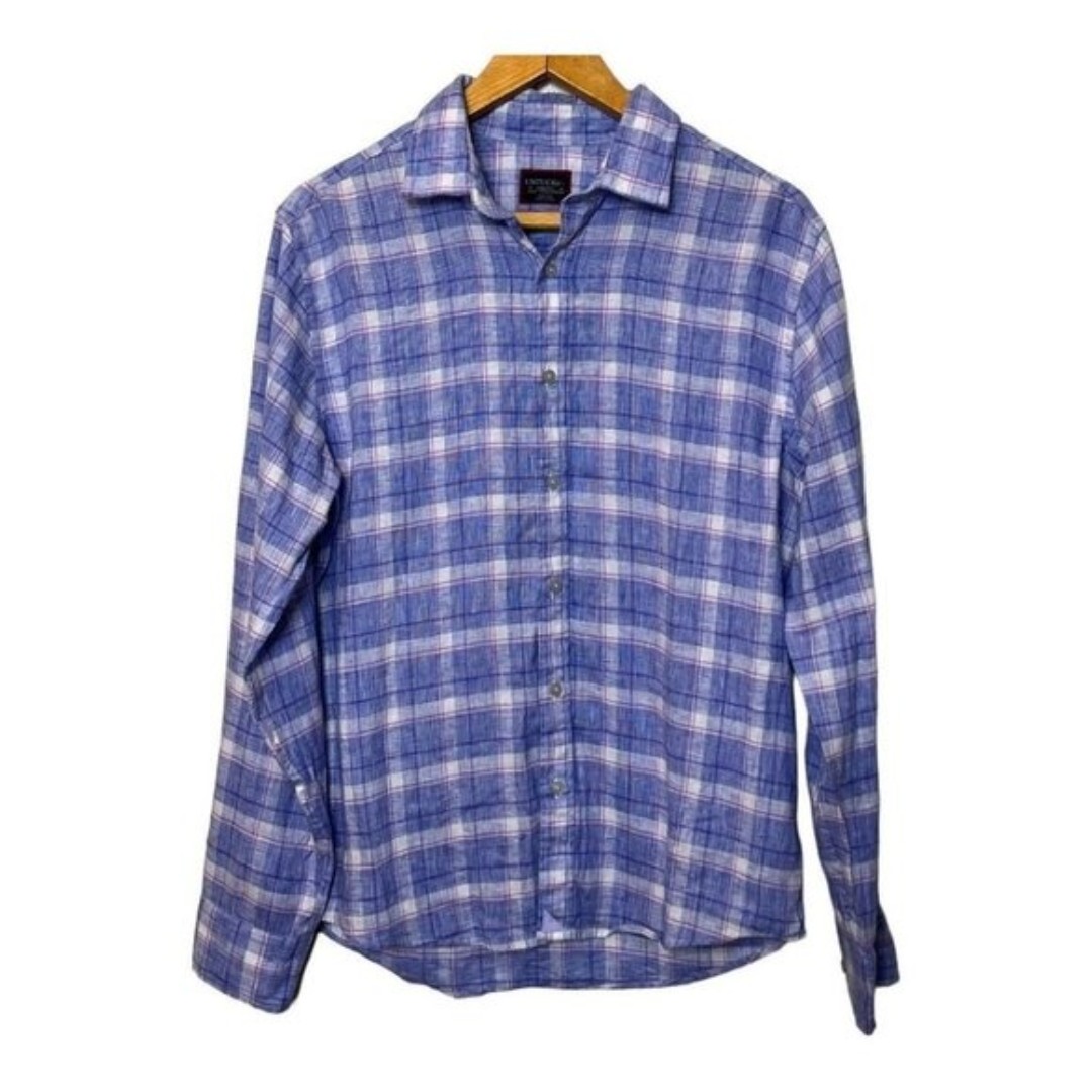 Untuckit Men’s 100% Linen Button Up Long Sleeve Blue Plaid Shirt Size Medium