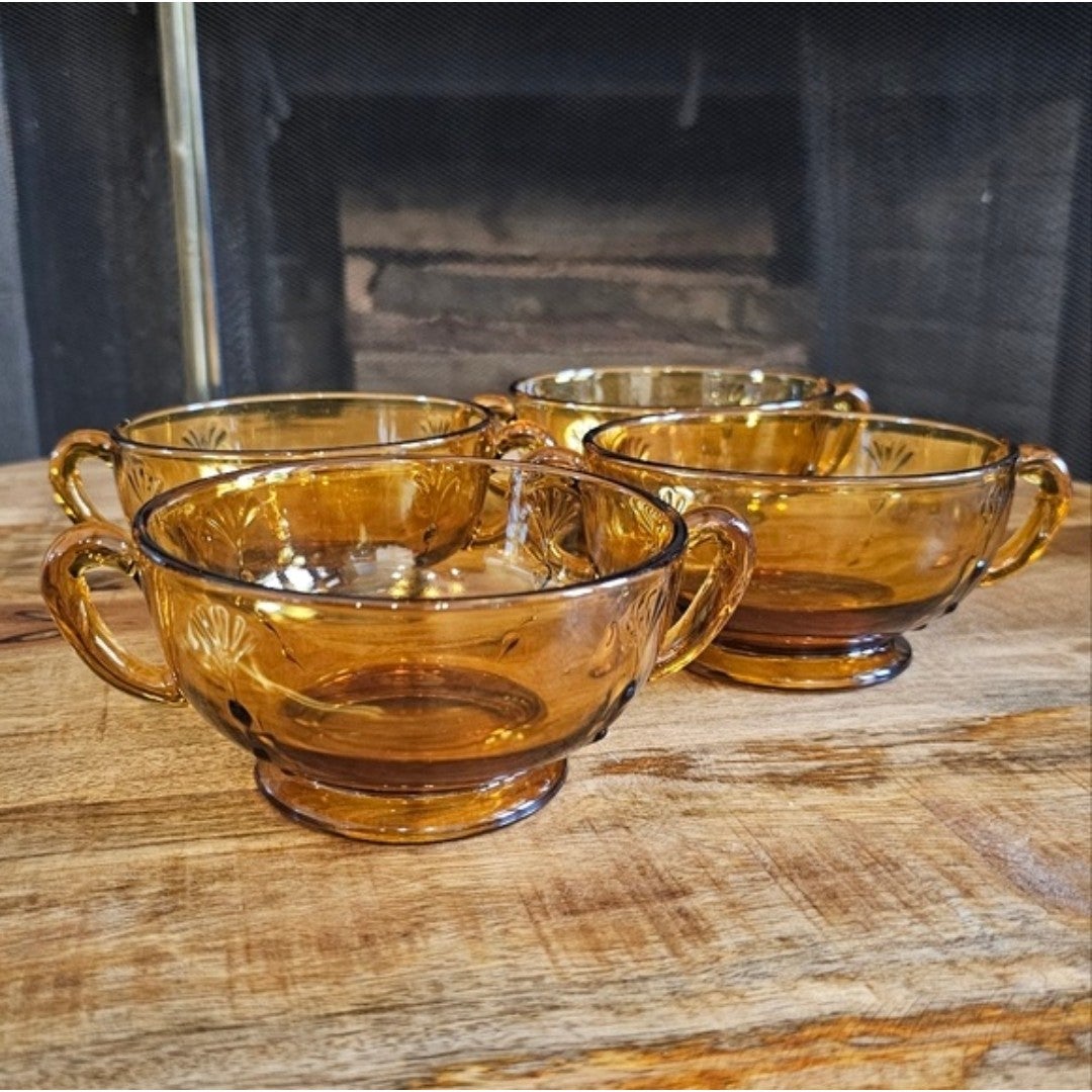 4 Vintage Georgian Viking Honey Gold Amber Glass Cups Mugs Punch Bowl Cups