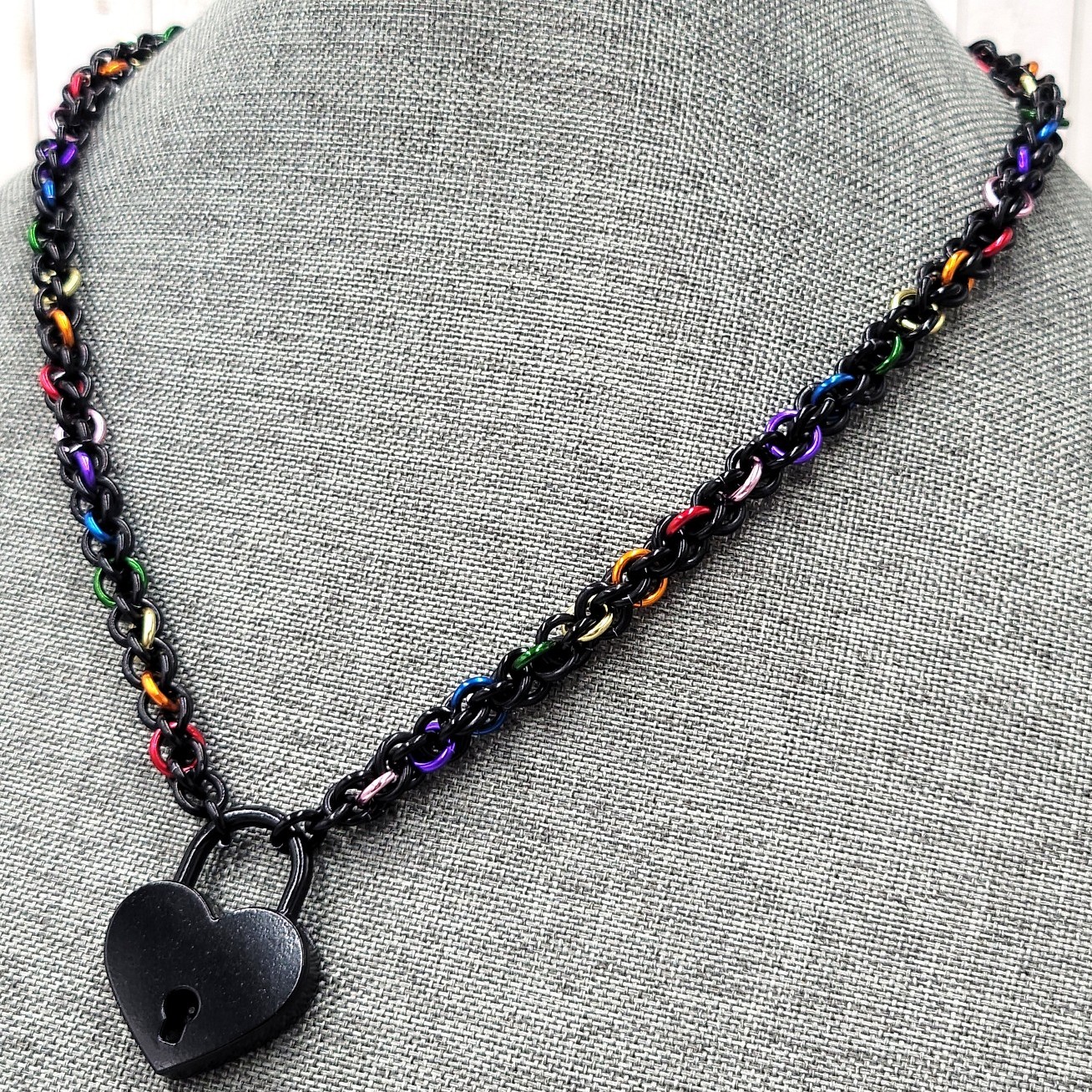 Handmade Black Rainbow Heart Lock Collar