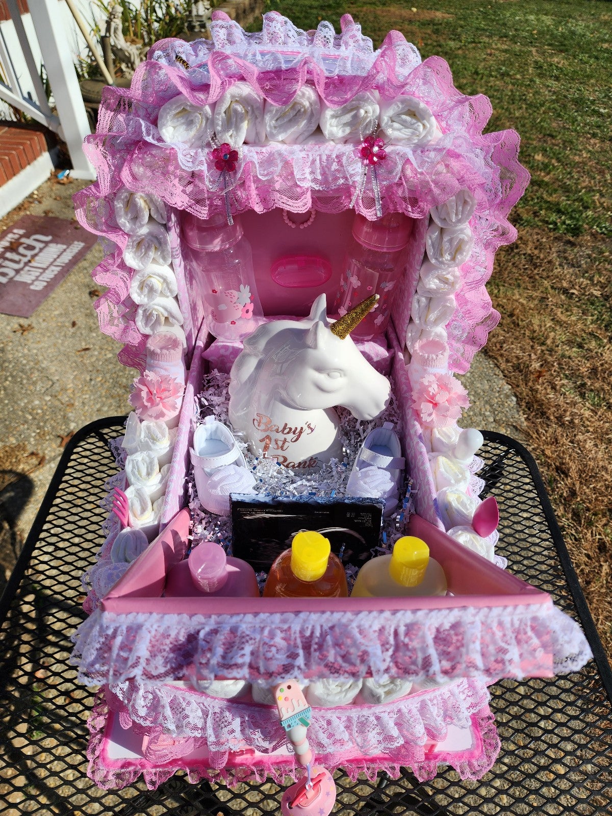 Lace carriage diaper cake