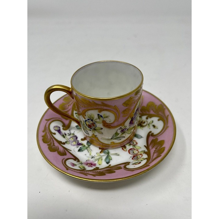 Antique Porcelaine De Paris France Demitasse Cup Saucer Set Gilted Floral Pink