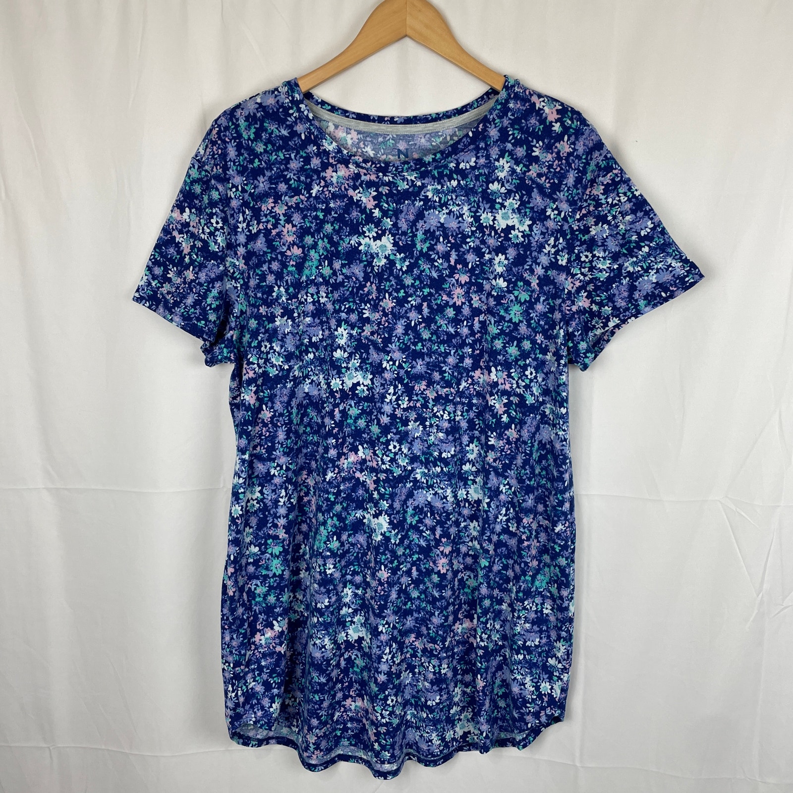 Natori Women's Blue Floral Short Sleeve Sleep Shirt Gown Size L
