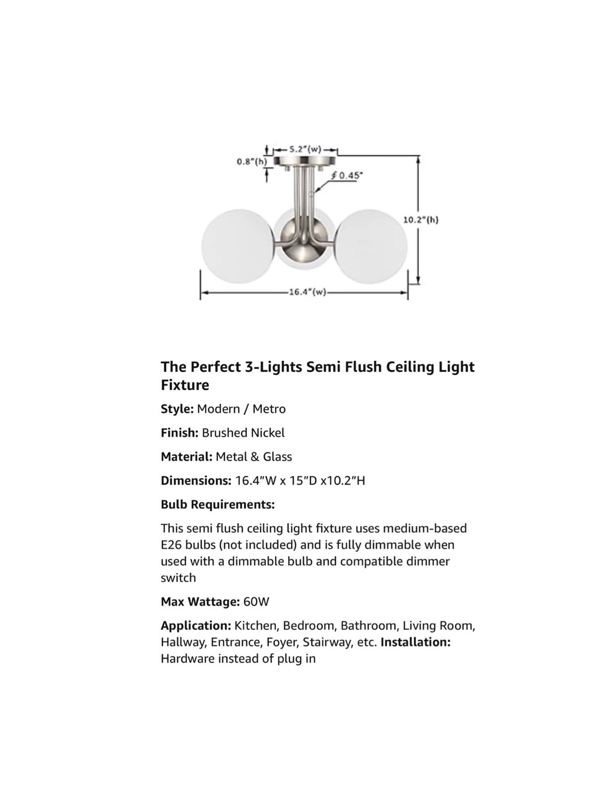 3 Light Semi Flush Mount Ceiling Light Fixture, Modern Globe Chandelier, NEW