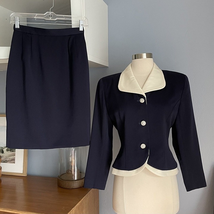 Courreges Vintage 80’s Jacket & Skirt Suit Wool Navy w/Rhinestone Buttons S