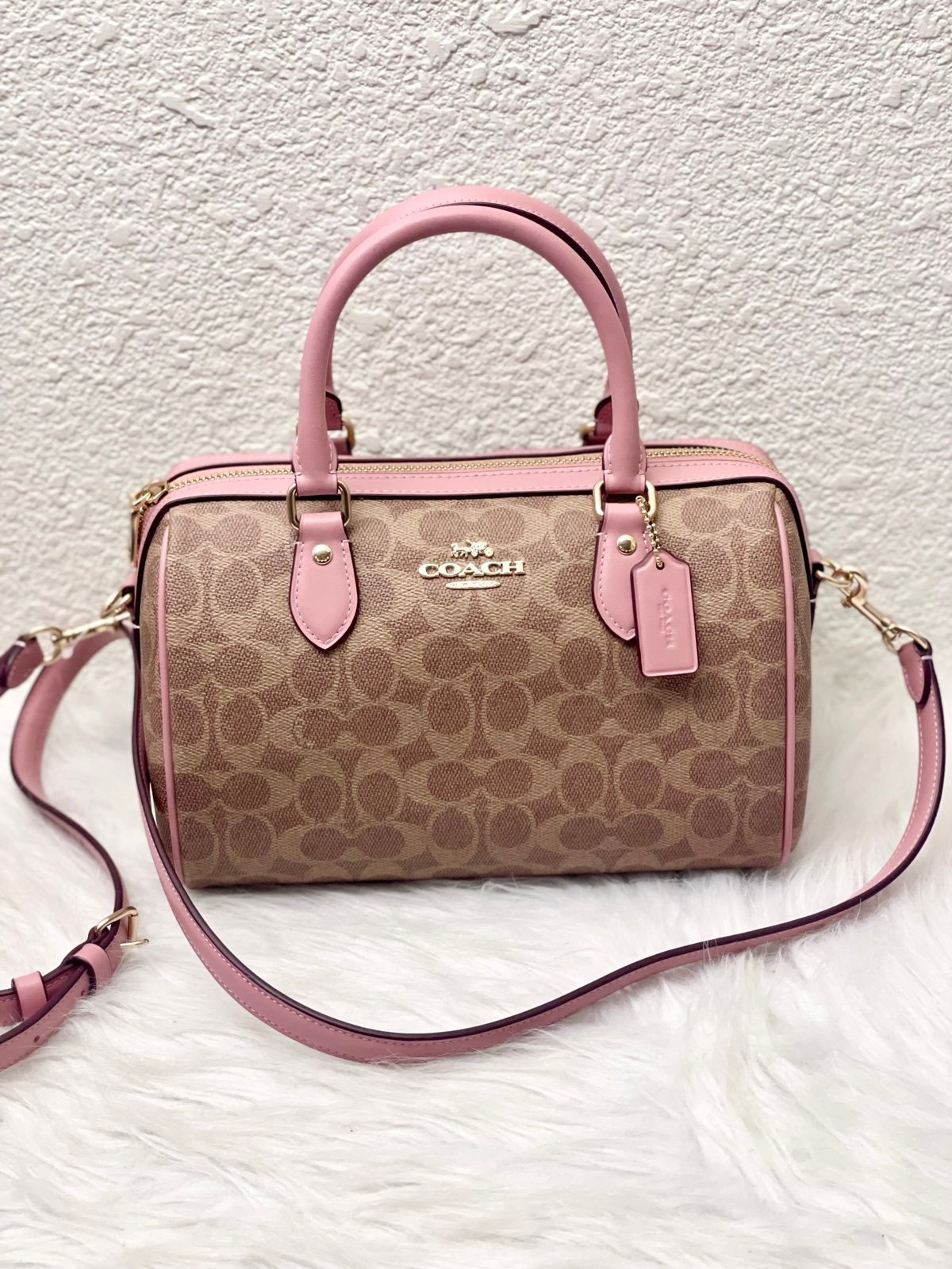 Coach Rowan Satchel Bag In Signature Canvas Tan/Pink Petal CV961