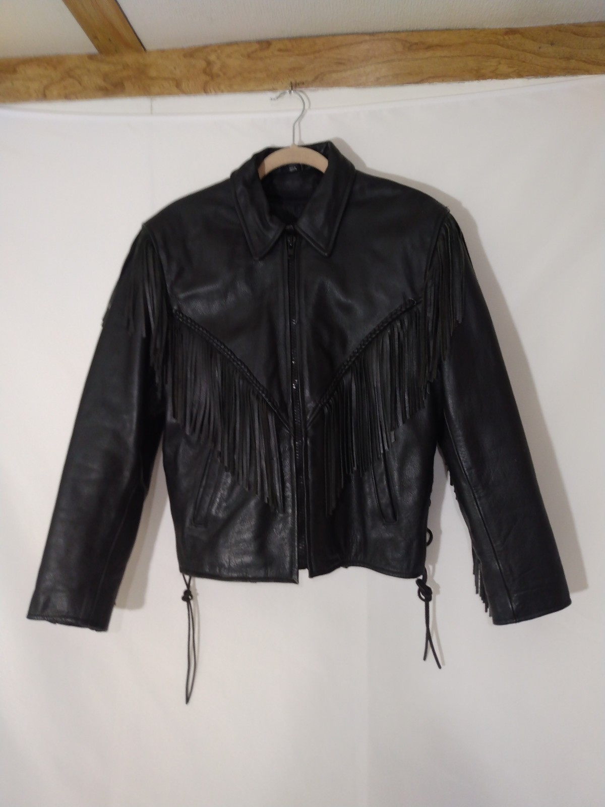 Womens Vintage Leather King Black Leather Motorcycle Jacket W/ Fringes Sz Large