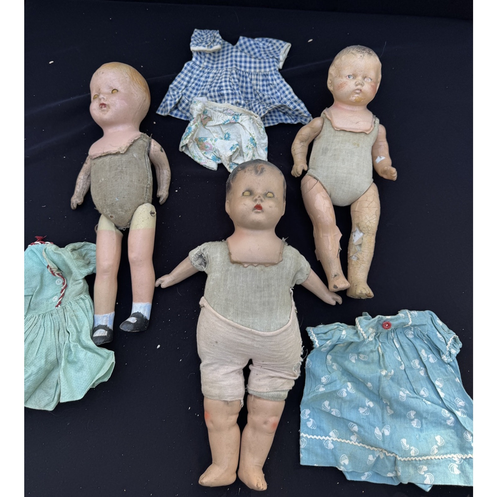 3 Antique compostion doll Cloth Body Eyes Open Close W/ Clothing *READ!