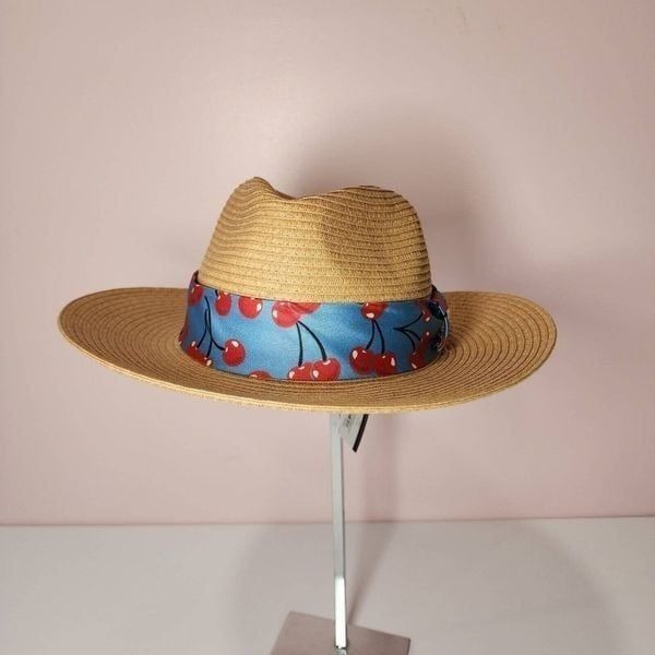 NWT Coach CA425 Straw Brimmed Hat with Cherry Print Scarf