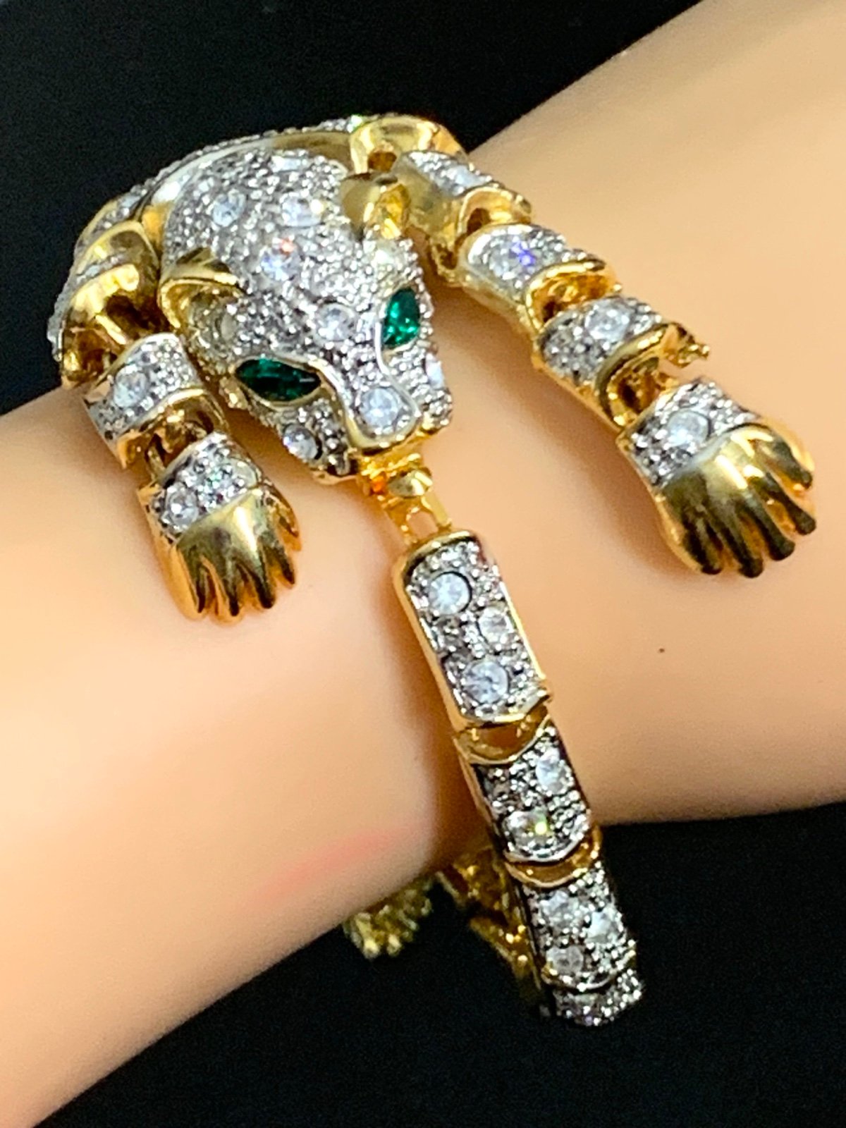 RARE-Vintage Tiger Jaguar Panther Leopard Articulate Heavy Bracelet Green Cryst