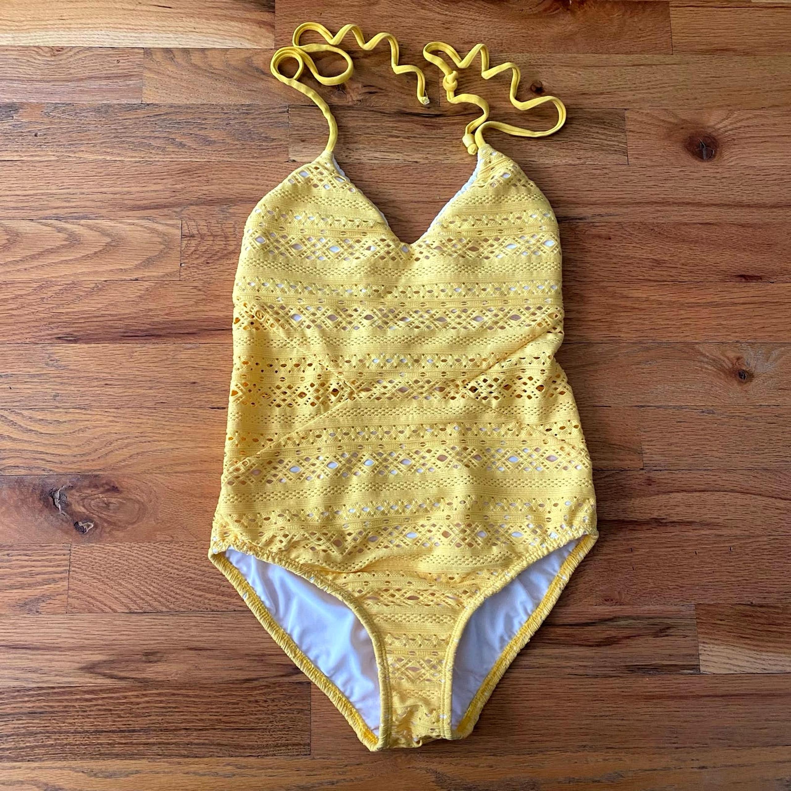 Shoshanna Women's one piece swimsuit Yellow White Eyelet String Shoulder size 2