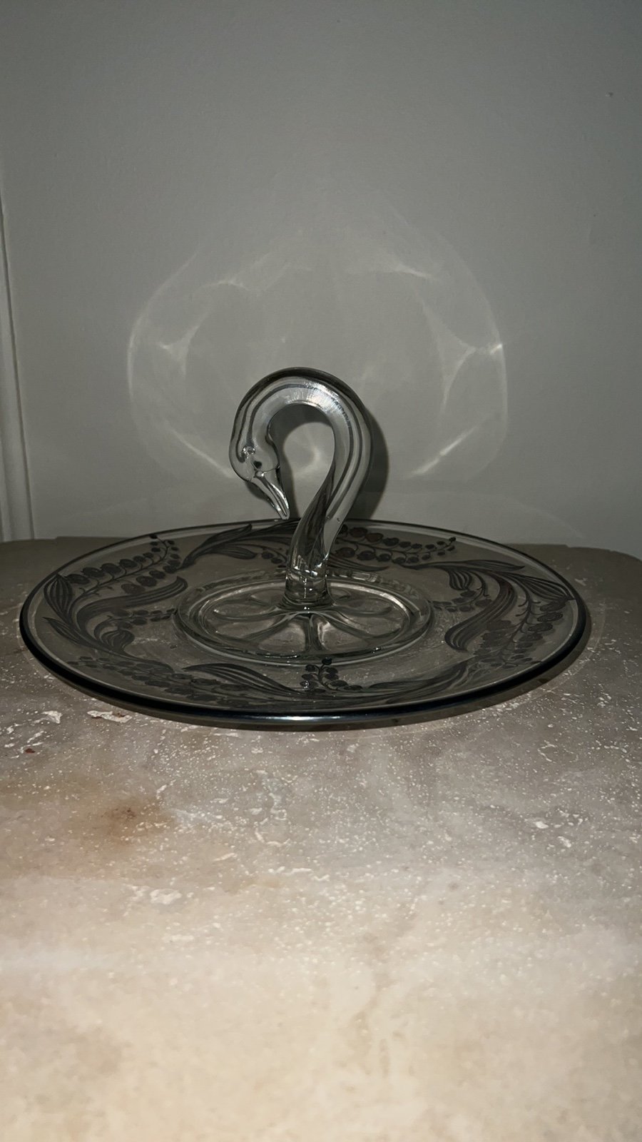Elegant Glass Tray Etched Depression Art Swan Handle Serving Plate 10”