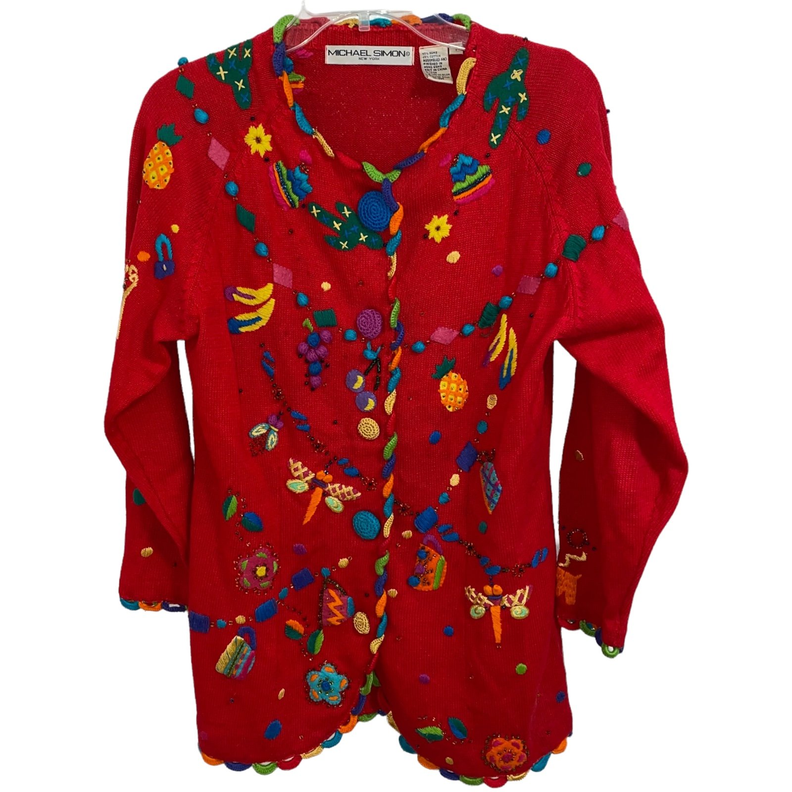 Michael Simon Vintage Red Button Up Cardigan Beaded Embroidered colorful Small