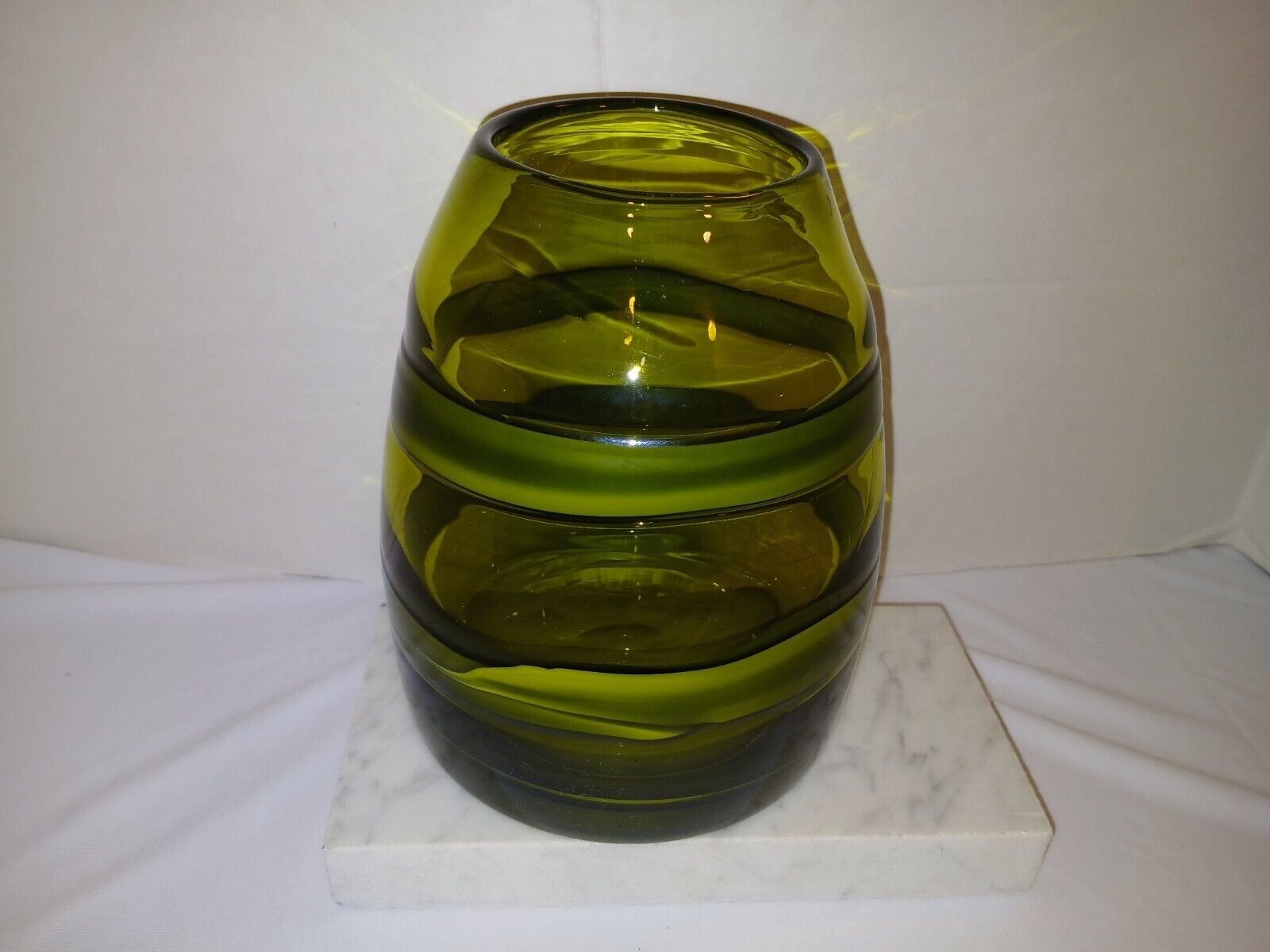 Olive Green Fused Glass Murano Style Swirl Handblown Vase