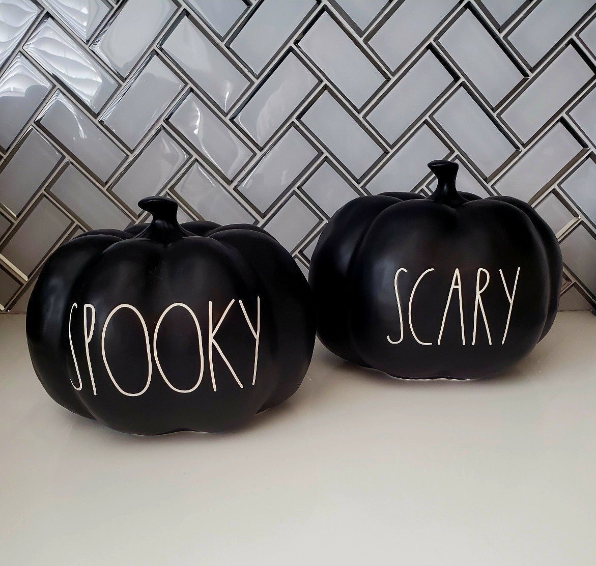Rae Dunn Spooky and Scary black matte pumpkins