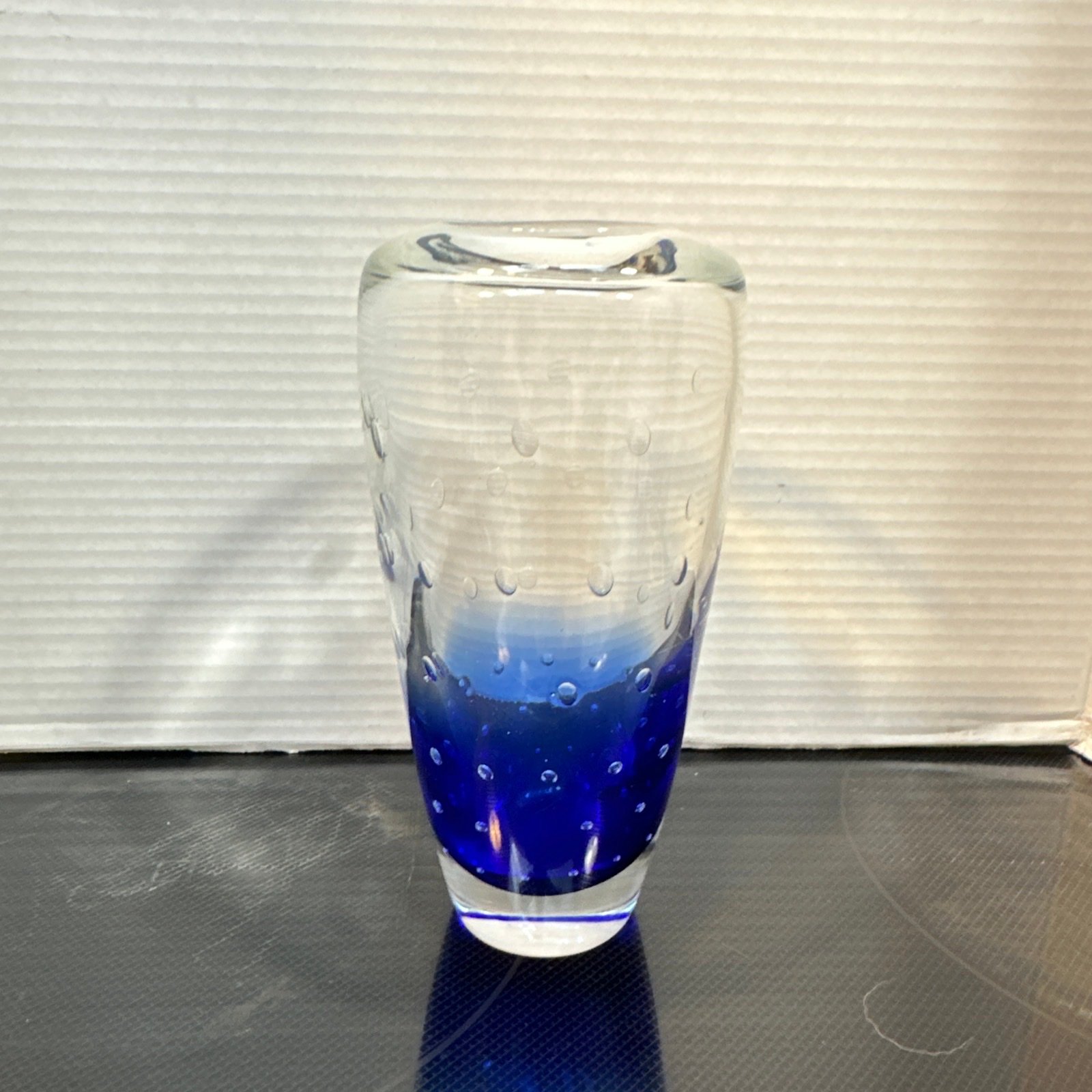 Vintage Hand Blown Glass Vase Cobalt Blue Clear Controlled Bubbles 8”
