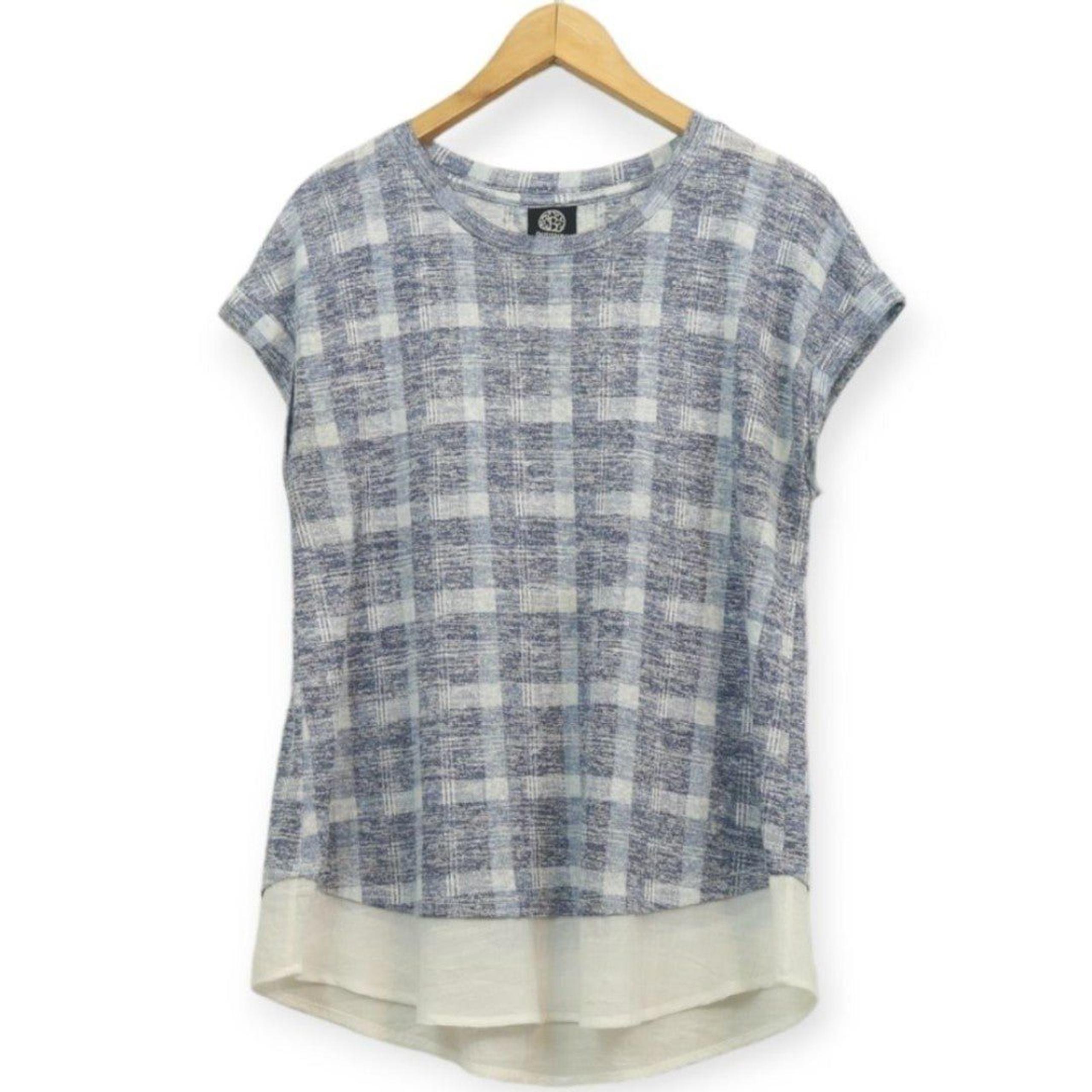 Bobeau Plaid Pattern Knit Contrast Trim Short Sleeve Top L