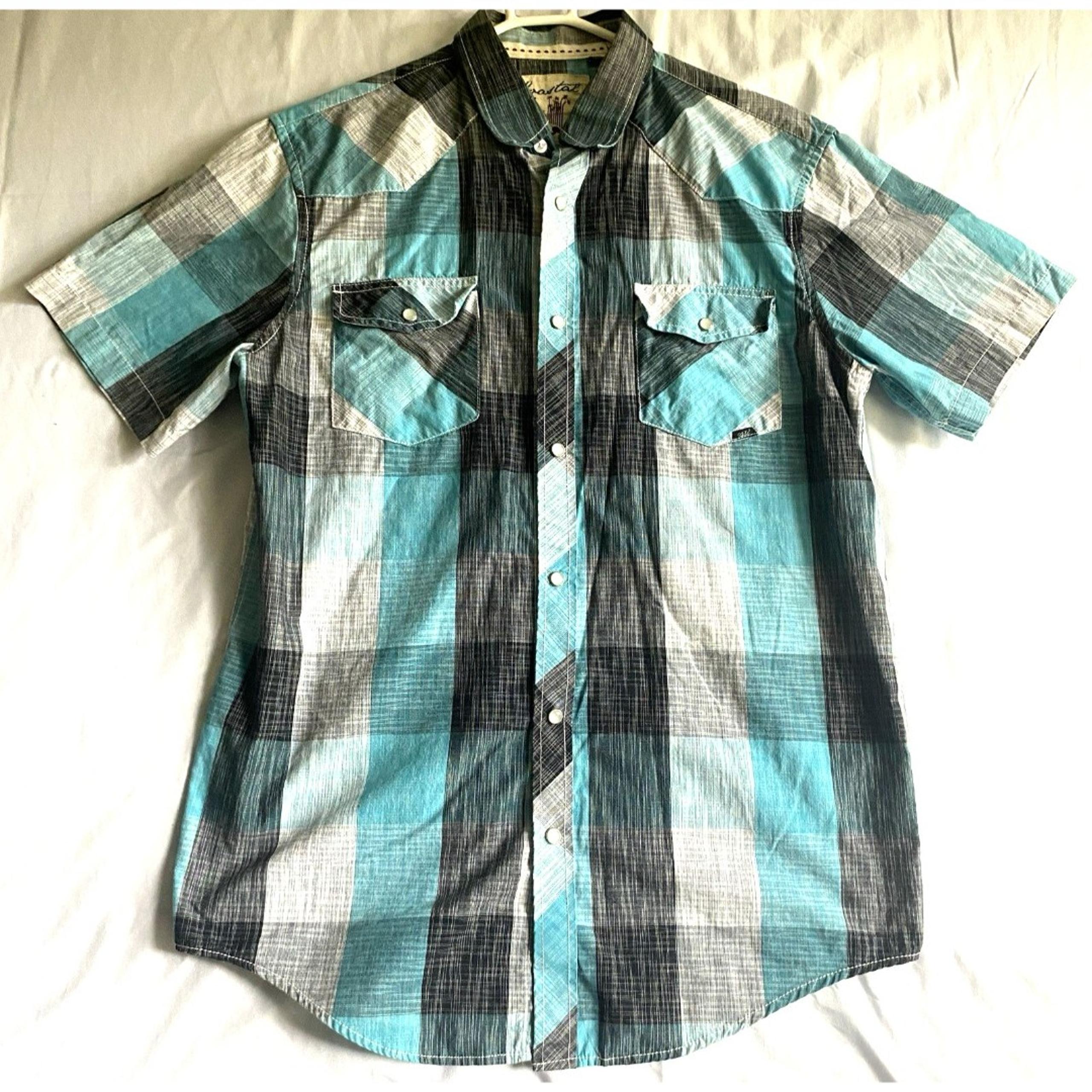 Coastal Brand Mens Shirt Large Western Short Sleeve Pearl Snap Plaid Turquoise