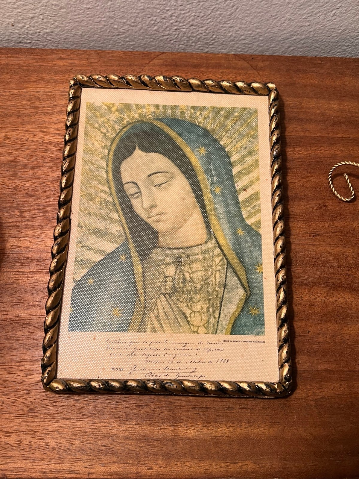 Vintage MCM Virgin Mary Litho Sacred Prayer Icon Blessings Gold Rope Deep Frame