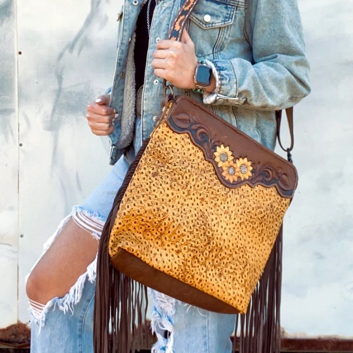 Genuine leather tassel crossbody purse