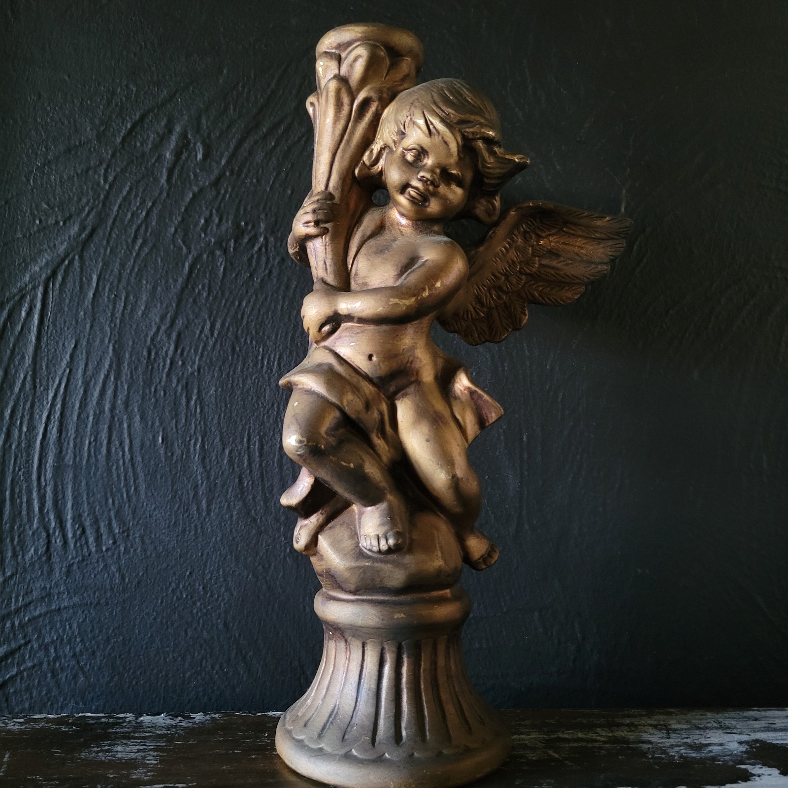 Vintage Ceramic Angel Cherub Gold Candle Holder