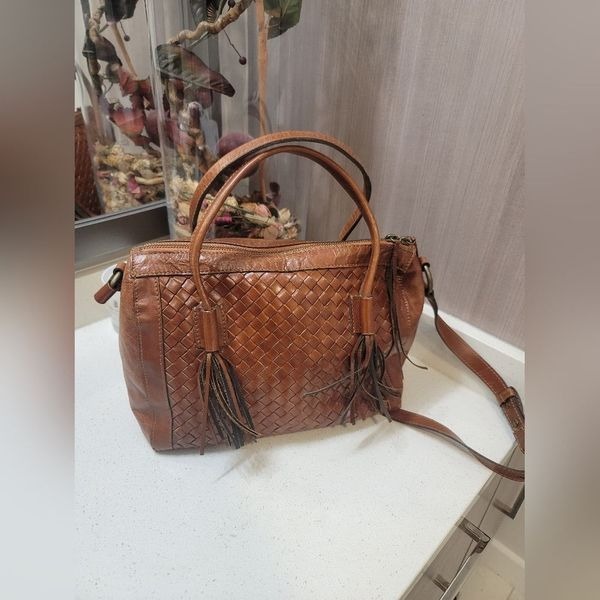 Noonday Collection Monterey Leather Basket Weave Bag Satchel in Russet Brown