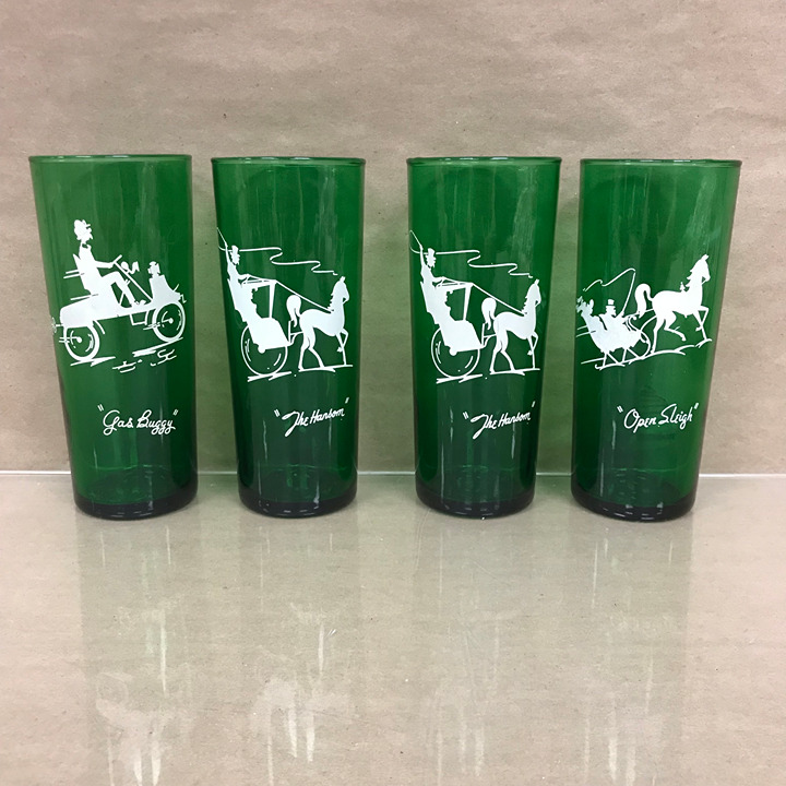 Vintage 4pc Green Glasses Tumblers Open Sleigh Gas Buggy Harlem Horse Graphics