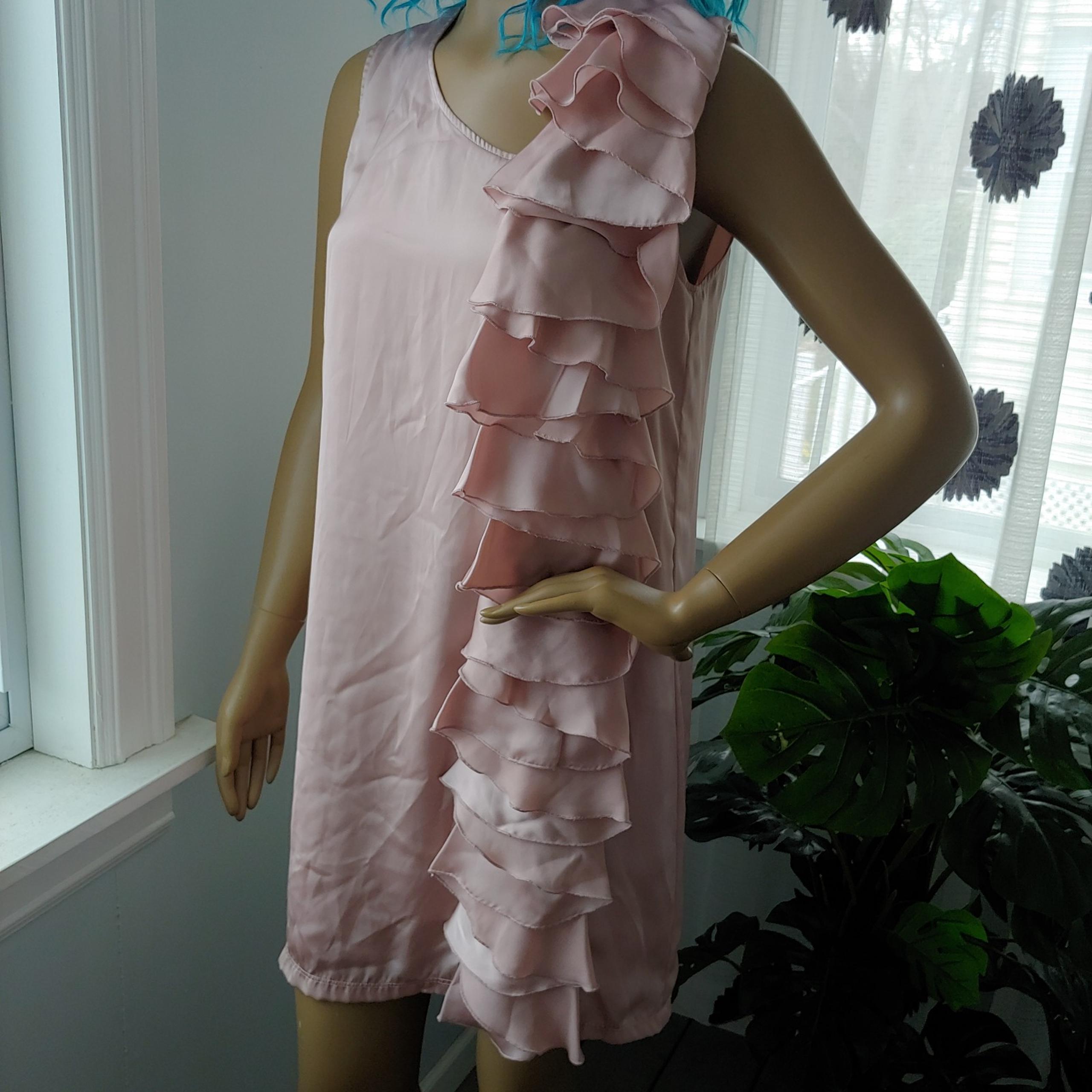 GO INTERNATIONAL | Rose Gold Satin Ruffle Front Pretty Satin Shift Dress Medium