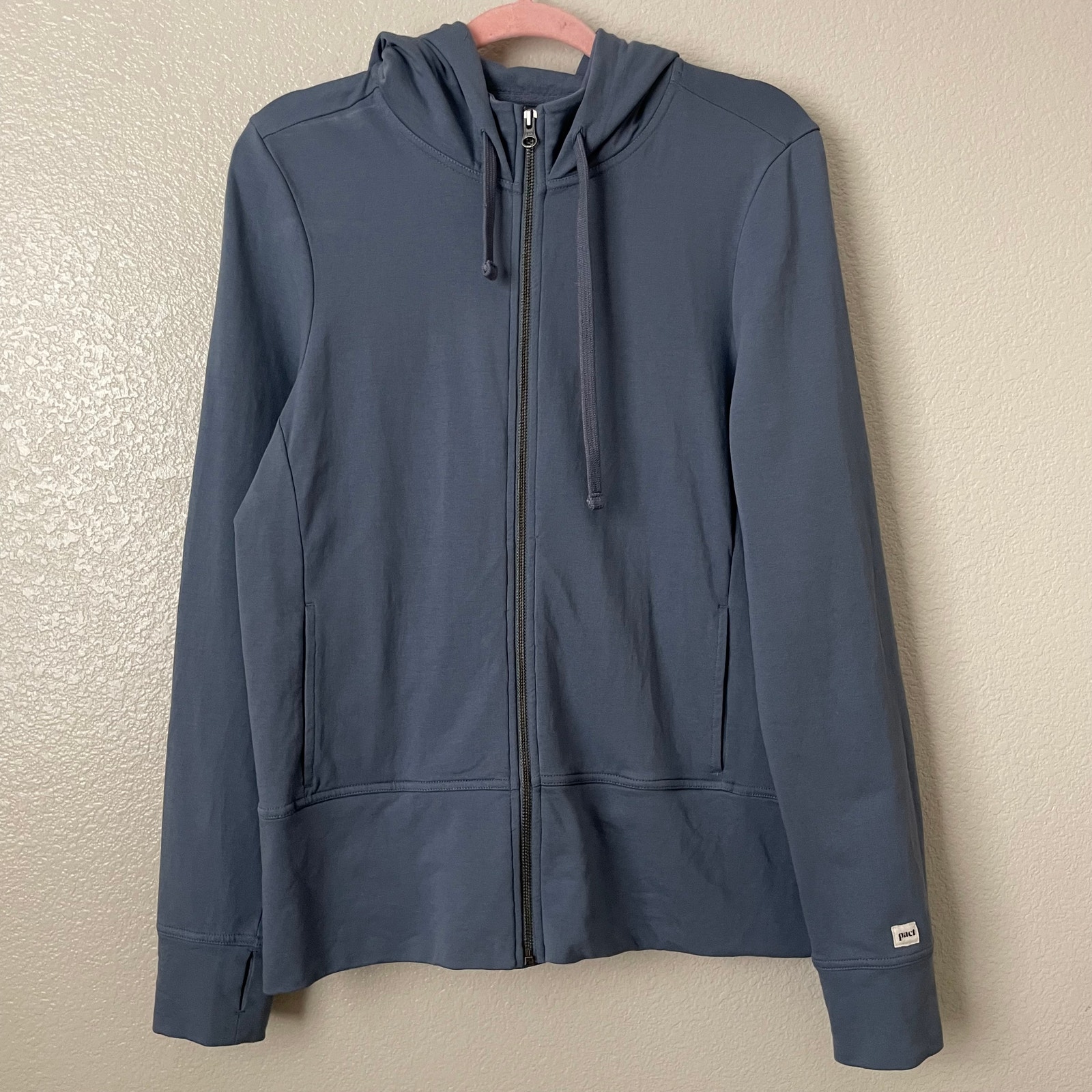 Pact Jacket Womens Large Blue Full Zipper Hooded Organic Cotton Pockets Knit