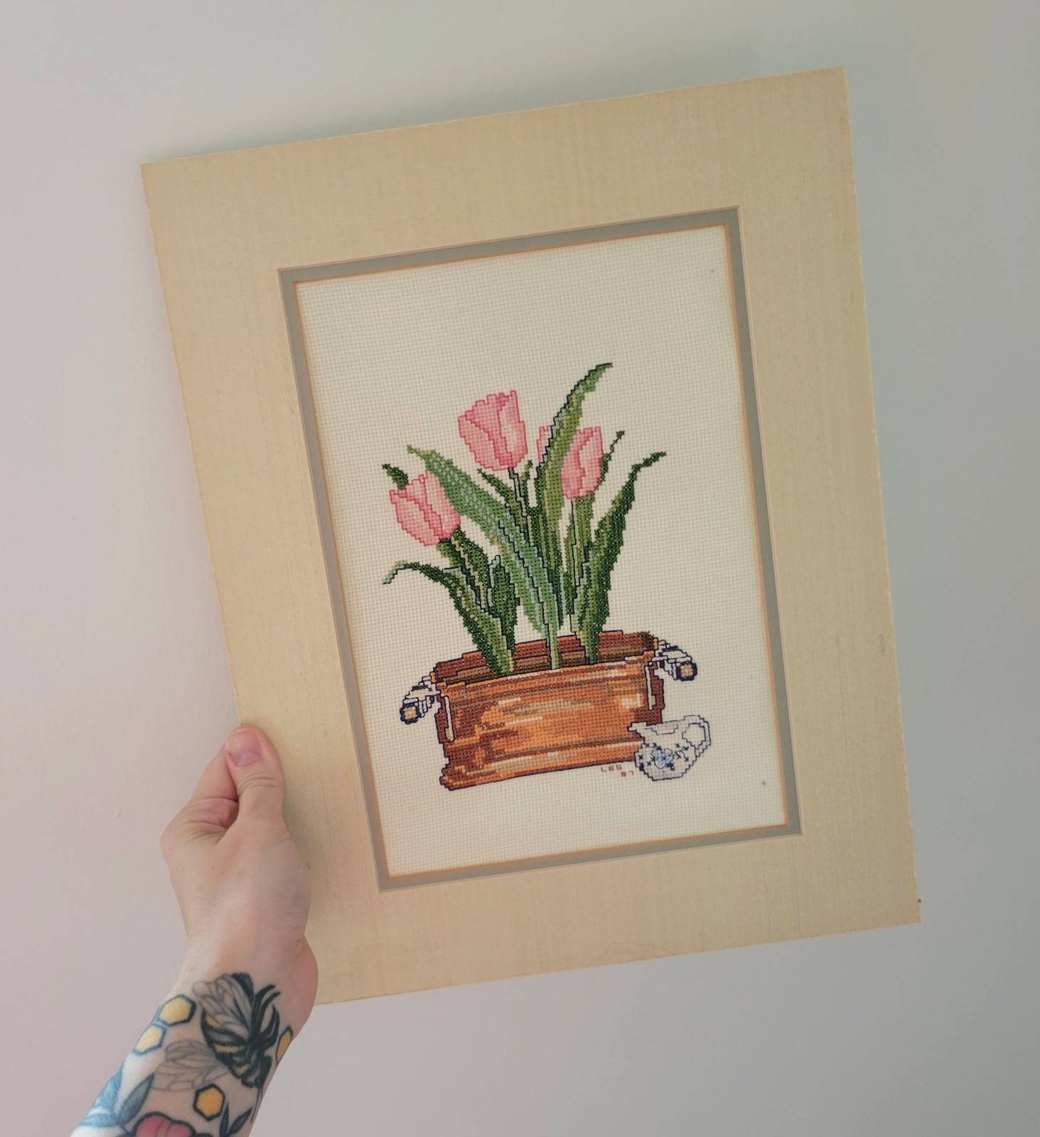 Vintage Tulip Cross Stitch Picture Matted and Ready to Frame