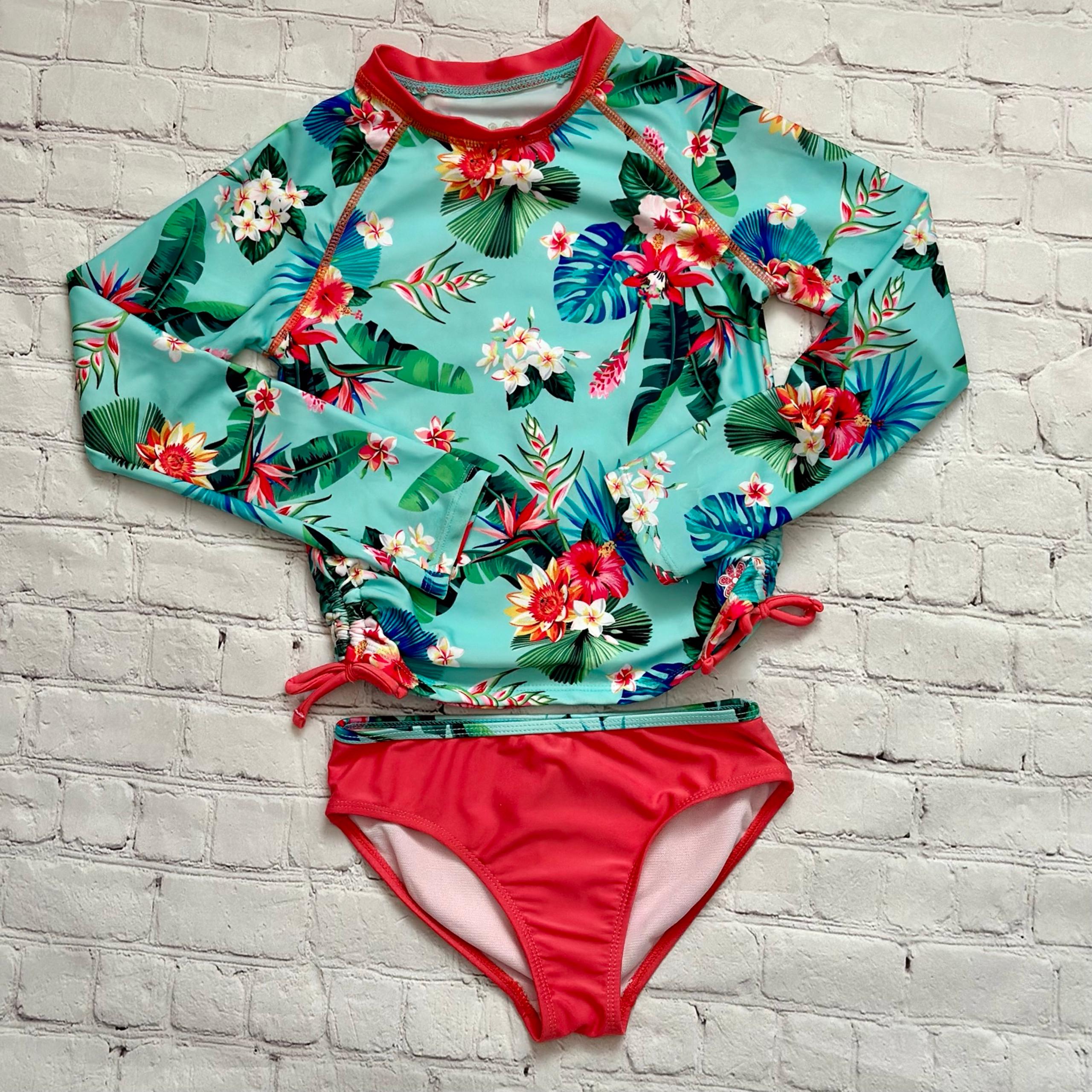 Pipeline Girls Size 7 Swim Set Floral Rash Guard & Bikini Bottoms Pink Teal