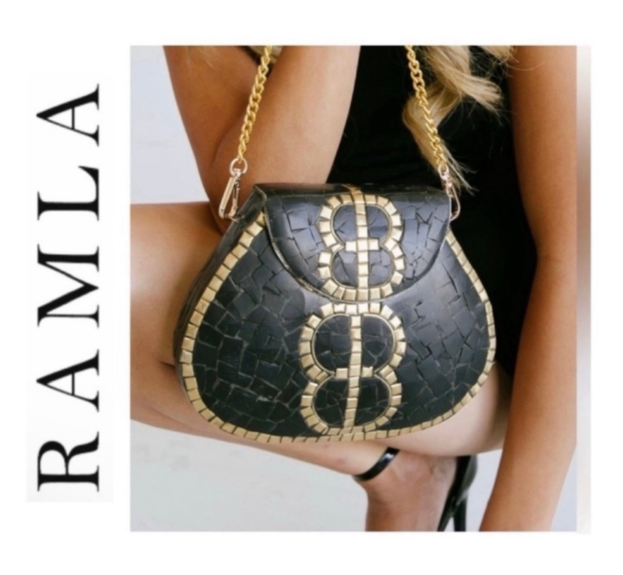Ramla Official Porte-Moi Mosaic Stone Crossbody Bag Black and Gold