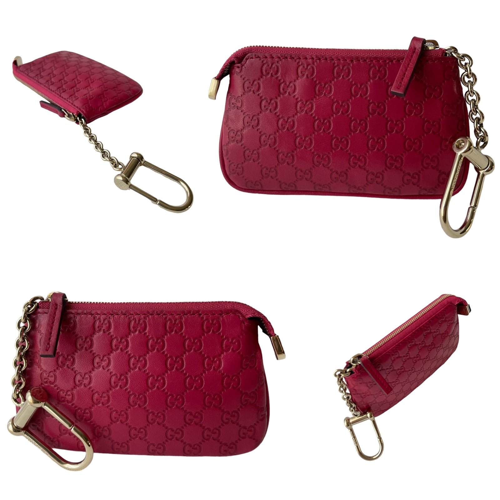 GUCCI Micro Guccissima GG Leather Ruby Pink Key Ring Coin Case Pouch