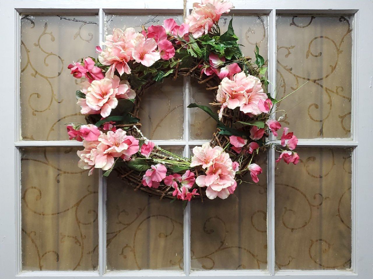 Beautiful spring wreath with pink flower