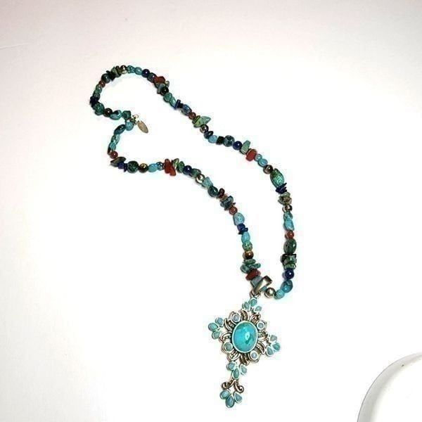 Sterling Silver Southwestern Cross on Turquoise Lapis Coral Beaded Necklace