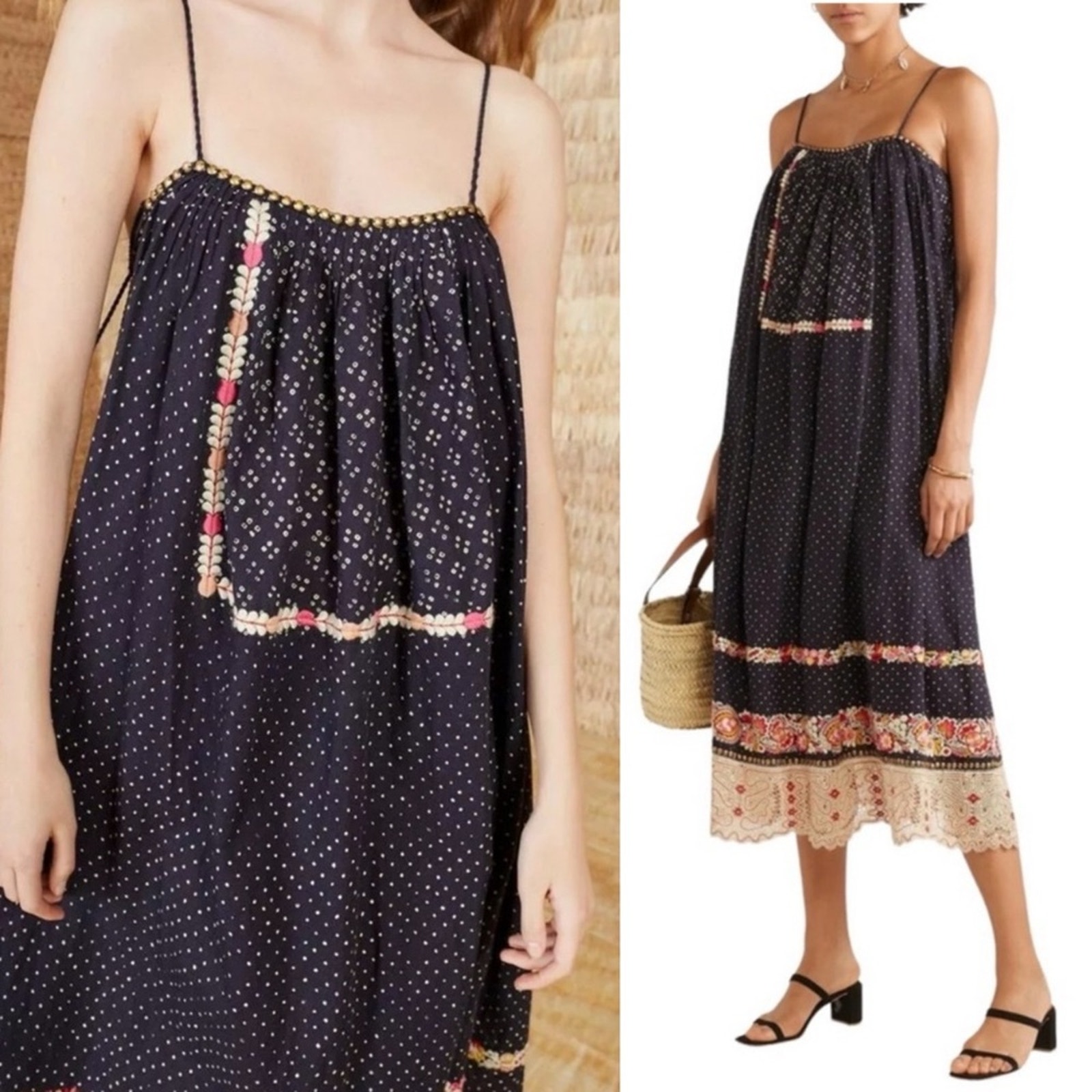 ULLA JOHNSON Nara Folk Embroidered Shibori Patchwork Midi Shift Dress Size 0