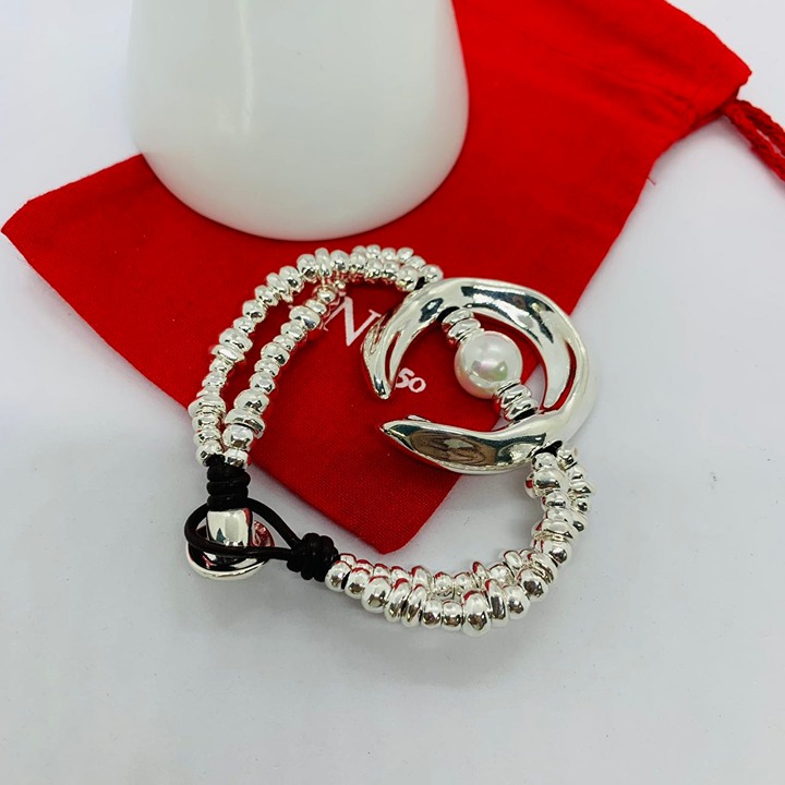 Uno de 50 Bracelet Wonder White Pearl Bead Leather Bracelet Silver Women's Jewel