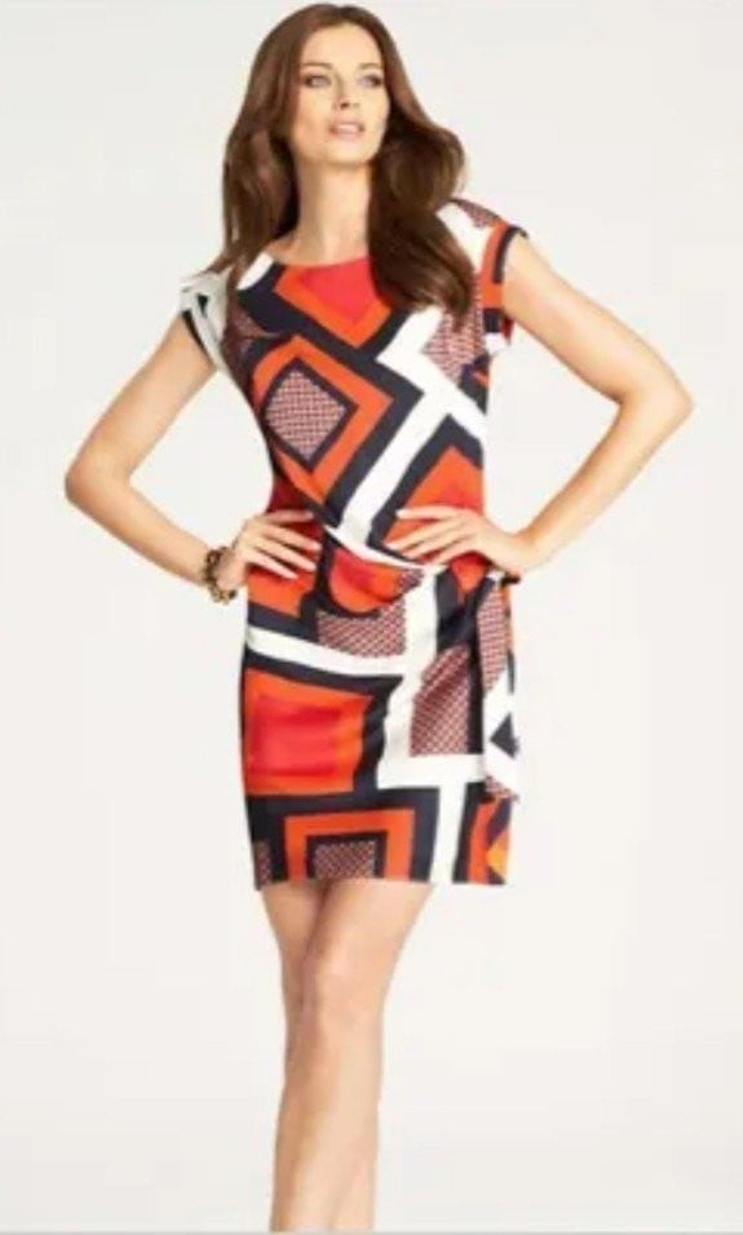 Ann Taylor Geometric Polyester Dress Women's Size XS Orange/Navy Cap Sleeve