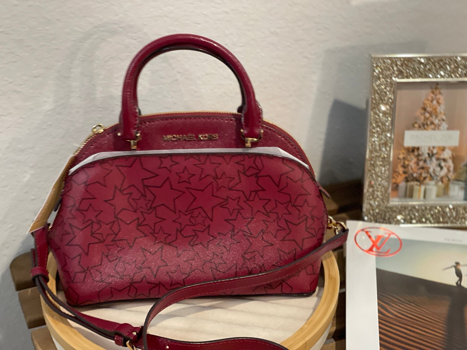Michael Kors Emmy SM Dome Satchel PVC Leather Messenger Bag Mulberry Stars NWT
