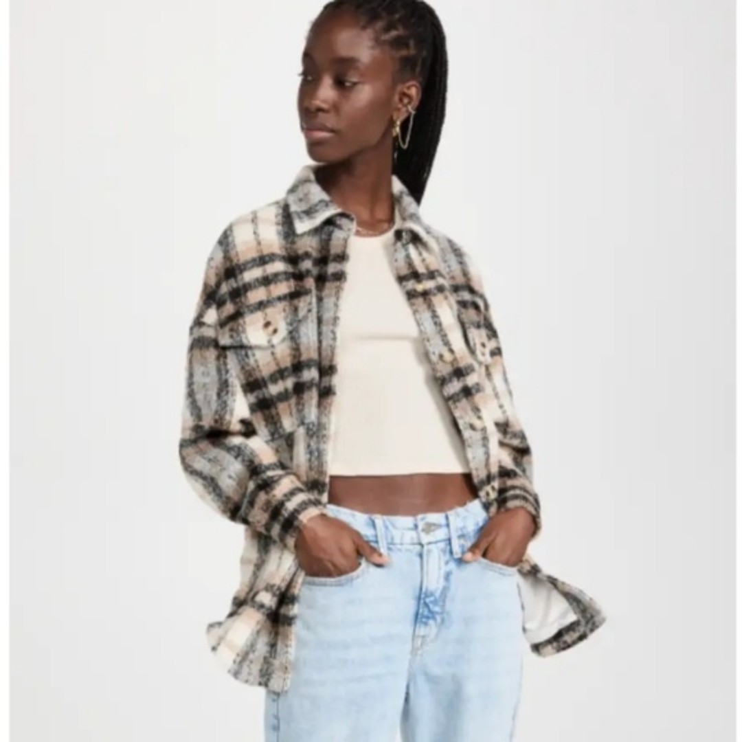 Good American Oversized Plaid Shacket in Neutral size 5/6- US size XXL/XXXL
