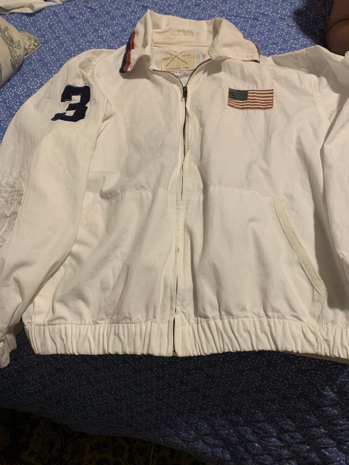 Vintage Too Cool Athletic Vintage White Cotton Jacket U.S. Flag patch Size Large